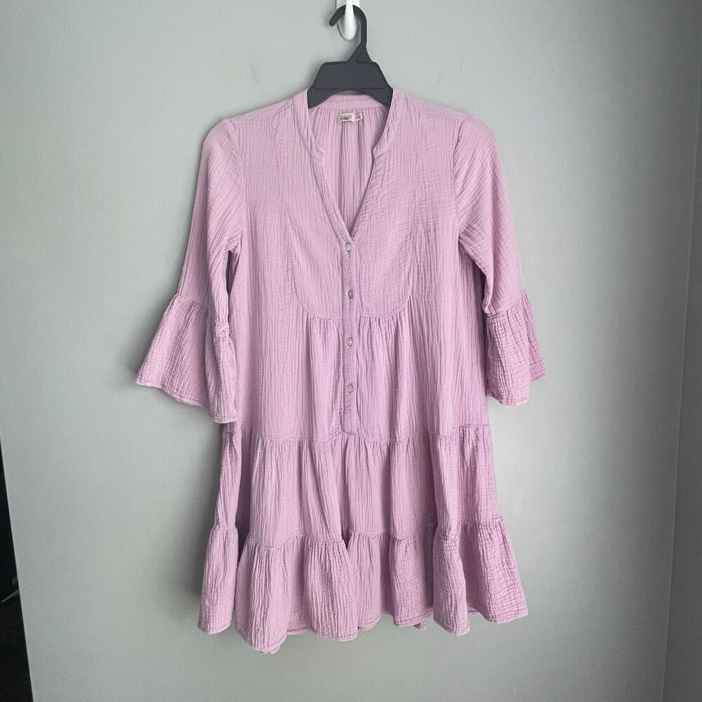 Faherty Organic Cotton Gauze Tiered Dress XXS Lavender Bell Sleeve V Neck Boho